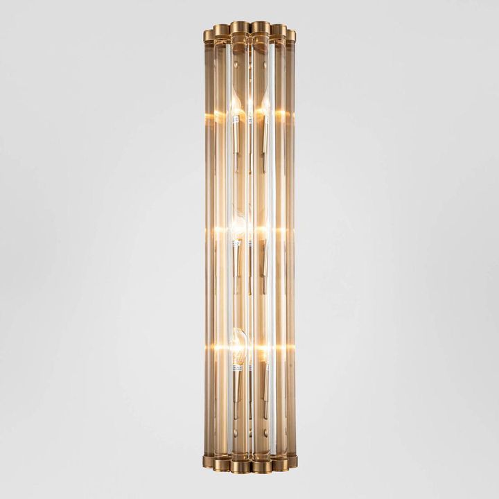 Large Kobe Wall Light brass-finished base with six vertical glass rods – elegant semicircular wall sconce for bathrooms, bedrooms, and luxury interiors