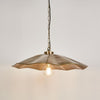 Melville ceiling pendant in antique brass with scalloped umbrella design, hammered metal pendant light for dining rooms, kitchen islands, and cafes