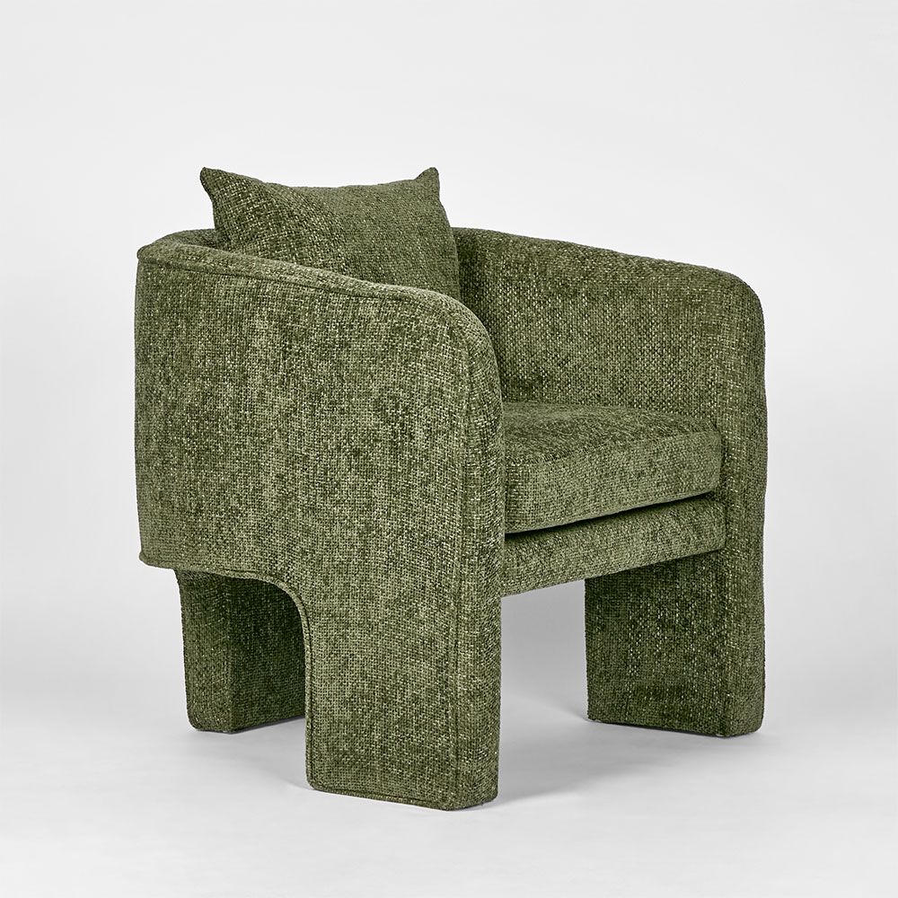 Kennedy lush green armchair with textured upholstery, three leg base, and modern contemporary accent chair design
