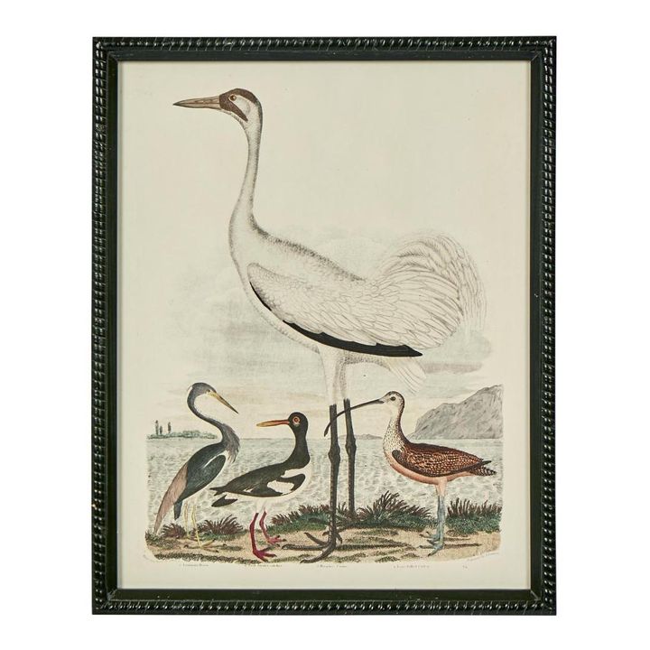 Graceful Cranes wall art featuring elegant crane bird design framed in black with natural materials
