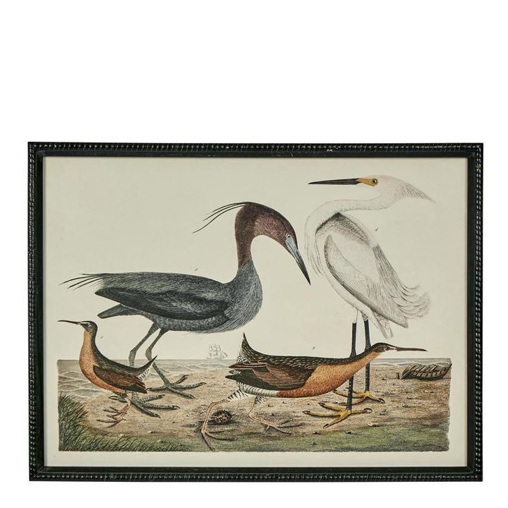 Crane bird wall art with layered natural materials and black frame, nature-inspired décor piece.