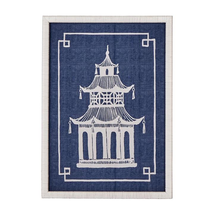 Blue and white pagoda style wall art on canvas with textured natural materials for home décor.