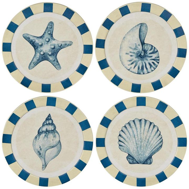 Set of four round seashell wall art pieces with coastal shell illustrations in neutral colors.