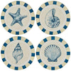 Set of four round seashell wall art pieces with coastal shell illustrations in neutral colors.