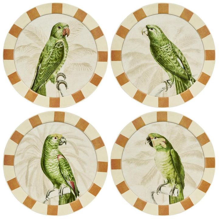 Parrots Round wall art set of 4 featuring vibrant parrot illustrations in tropical colours with botanical accents, framed circular artwork