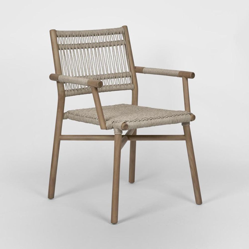 Wategos teak dining armchair with handwoven all weather seat, solid wood frame, and indoor outdoor design