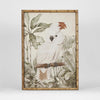Green jungle cockatoo canvas wall art with detailed bird illustration and textured natural materials.