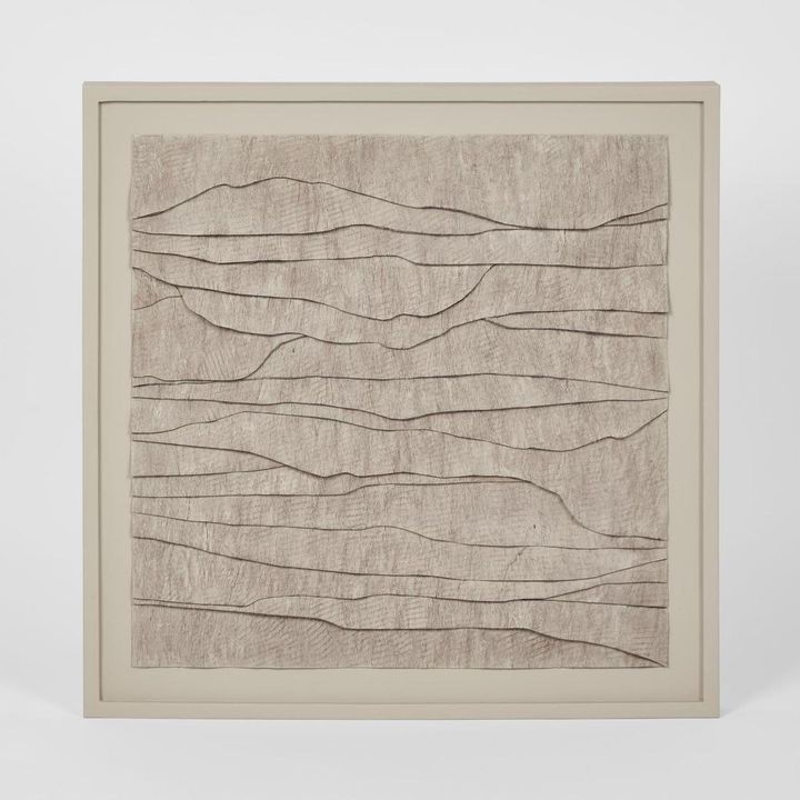 Square ecru wall art made from natural wooden bark and veneer with rustic textured design.