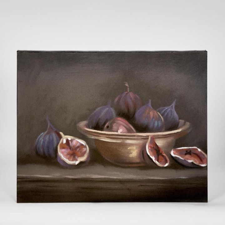 Bowl w Figs painting wall art featuring a vibrant still life of figs in a bowl in multi-colour acrylic on canvas, framed artwork 40 x 50 cm