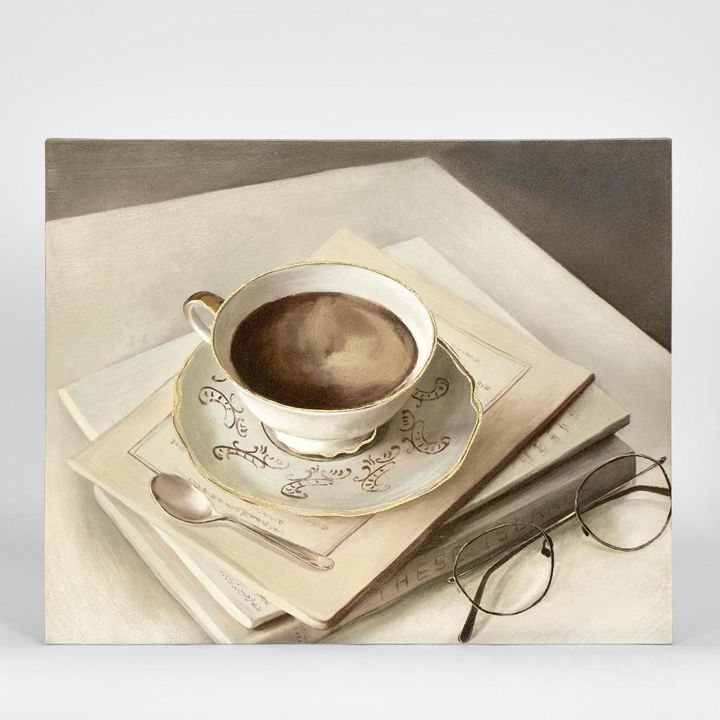 Morning Coffee wall art featuring a classic coffee still life with a warm cup of coffee rendered in painterly tones, framed artwork 60 x 60 cm