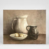 Brown and White Jug wall art featuring a still life painting of a brown and white ceramic jug in warm earthy tones, framed artwork 60 x 60 cm