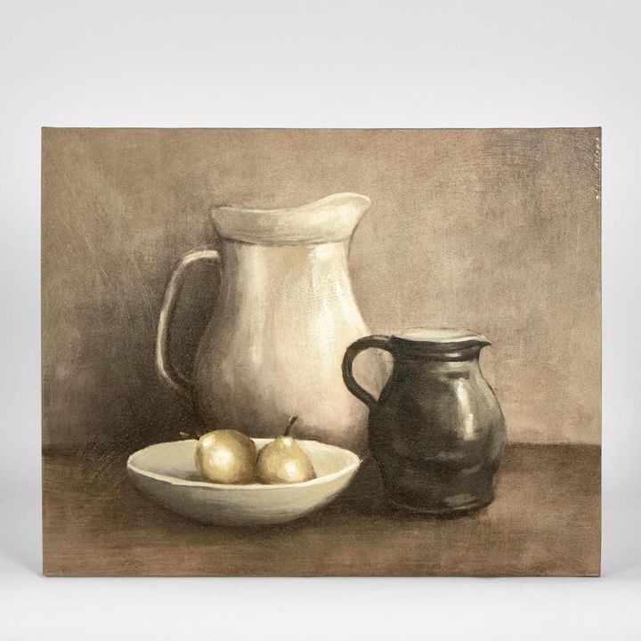 Brown and White Jug wall art featuring a still life painting of a brown and white ceramic jug in warm earthy tones, framed artwork 60 x 60 cm