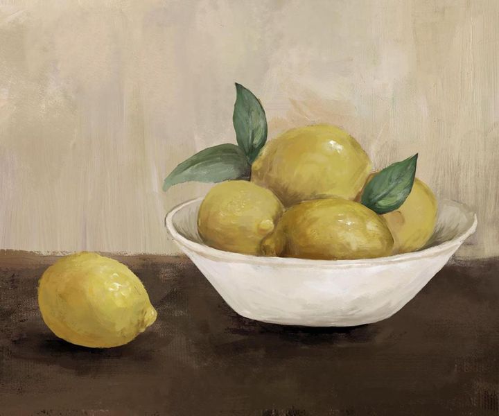 Bowl w Lemons painting wall art featuring a vibrant still life of lemons in a bowl rendered in painterly tones, framed artwork 40 x 50 cm