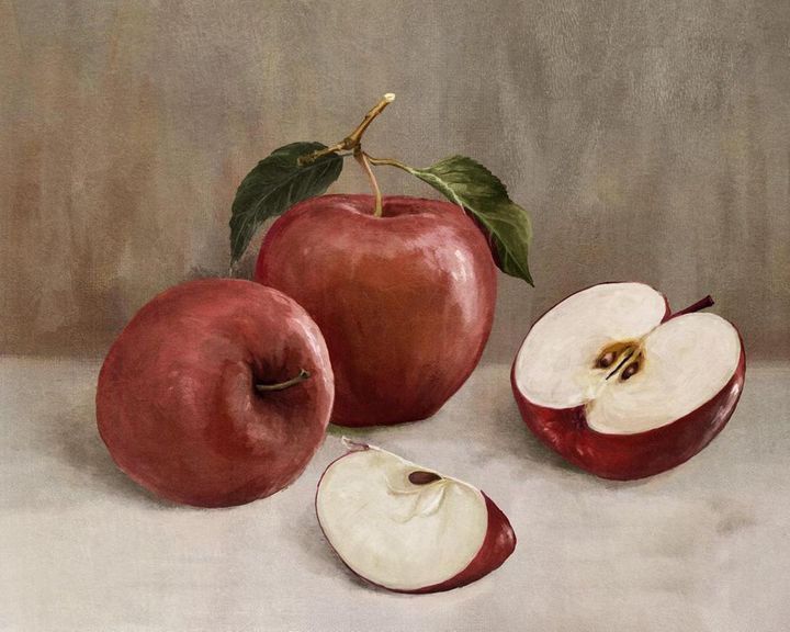 Apples Painting wall art featuring a rich still life of apples in bold red and green hues on a soft background, framed artwork 82.5 x 82.5 cm