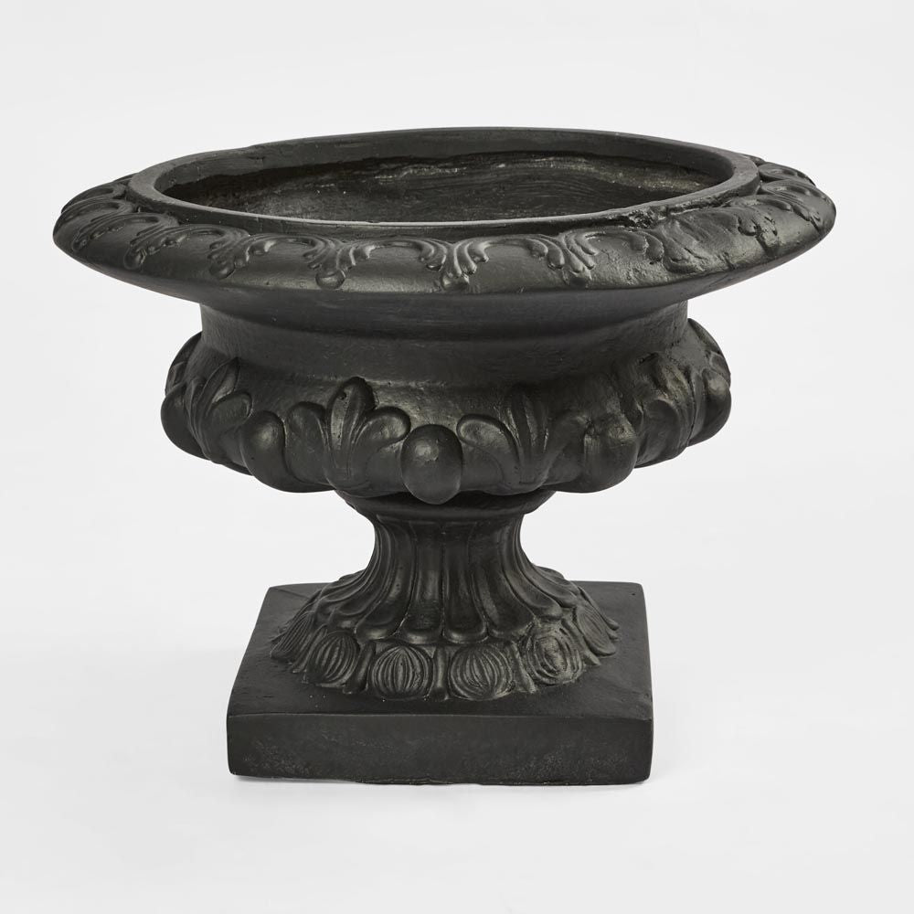 Black Juliette urn planter with matte finish, elegant outdoor garden planter for entryway or patio