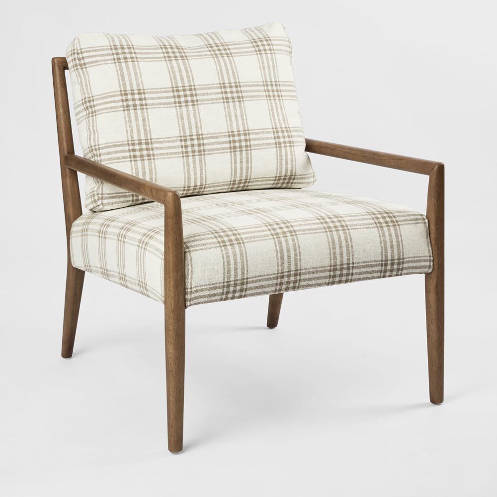 Douglas armchair with plaid cushion upholstery, rubber wood frame and ladderback design living room accent chair