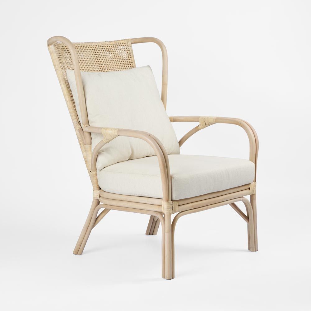 Duke wingback chair with rattan detailing and high back cushioned seat coastal style accent armchair