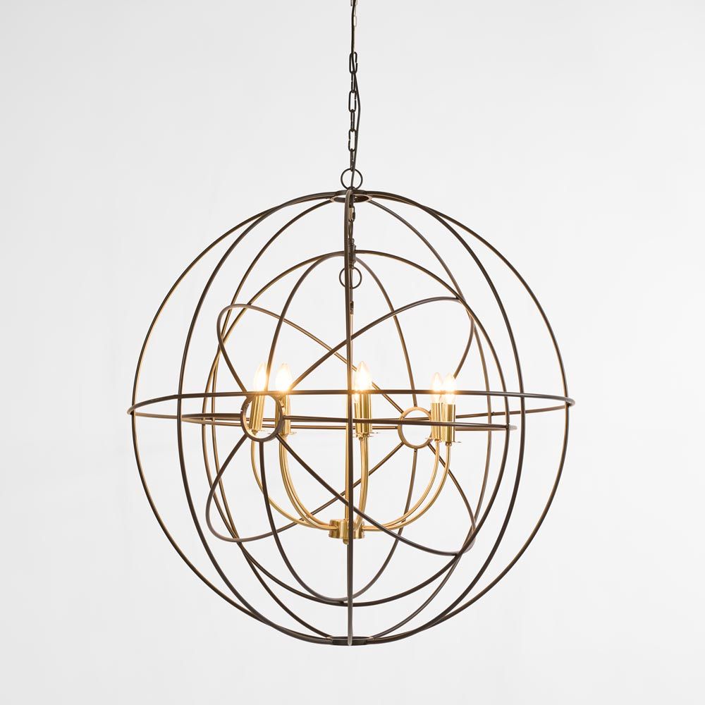 Large black and brass iron orb pendant light, modern statement ceiling fixture for dining rooms, living spaces, and high ceilings by Florabelle