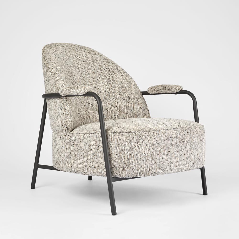 Bon contemporary armchair with curved black metal frame and grey textured fabric upholstery modern accent chair for home or office