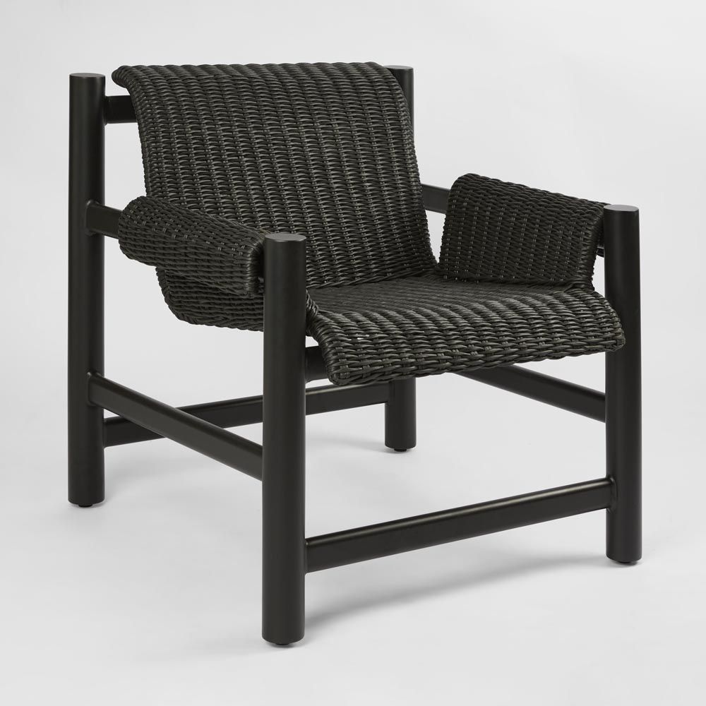 Riven outdoor occasional chair with aluminium frame and wood effect finish, hand woven UV stabilised wicker patio seating