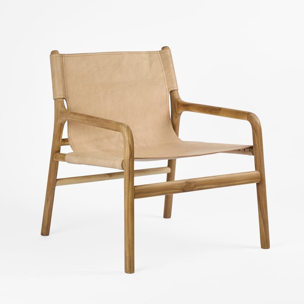 Modern leather sling chair with teak wood frame and double layer leather seat for living room seating