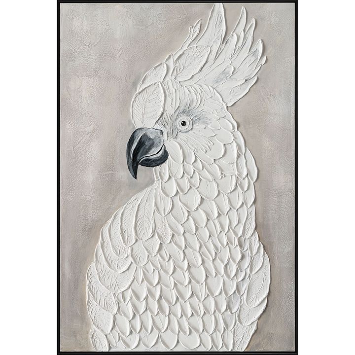 Crested cockatoo wall art featuring a detailed white cockatoo on canvas with artistic oil paint accents.