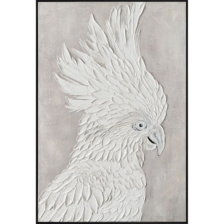 White Cockatoo Wall Art featuring a detailed white cockatoo printed on canvas with pine frame and oil paint accents.