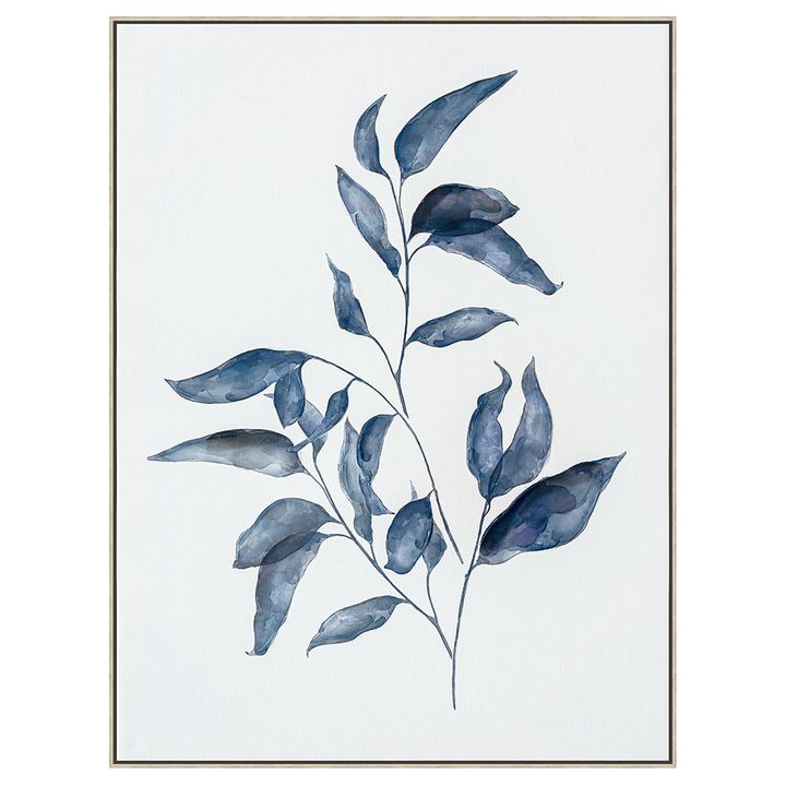 Botanical leaf wall art in striking blue tones printed on canvas with pine frame.