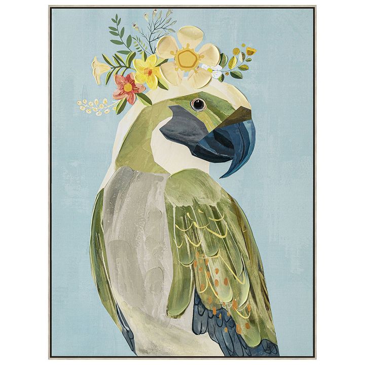 Madame Parrot wall art featuring a colorful parrot illustration on canvas with artistic oil paint texture.