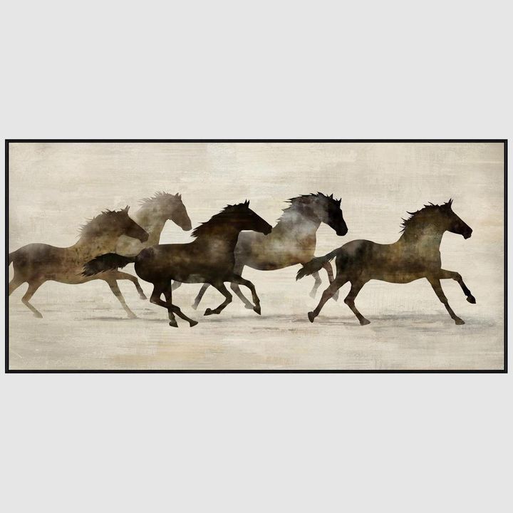 Brumby Running wall art featuring a galloping horse in motion on textured canvas artwork.