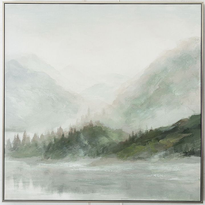 Lake Shore wall art featuring a calm lakeside landscape with reflective water, gentle hills, and soft natural tones, framed nature artwork 82.5 x 122.5 cm