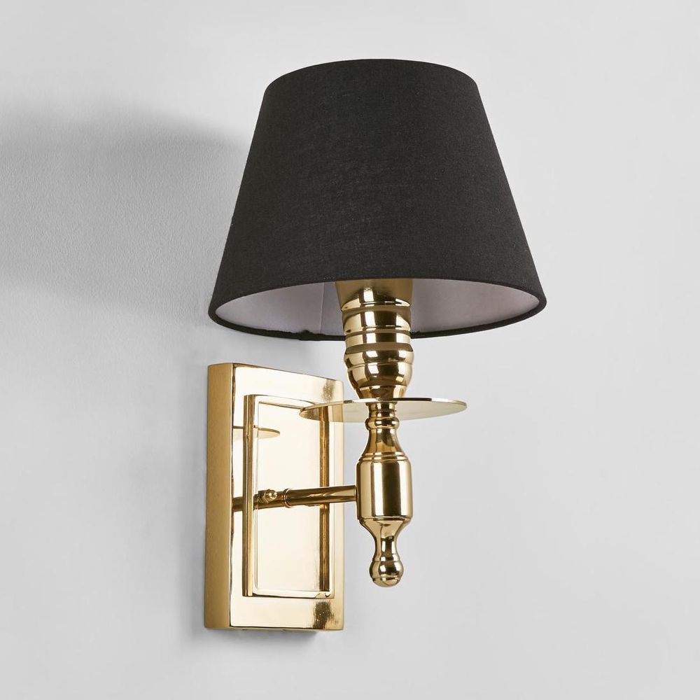 Newton Wall Light modern aluminium wall sconce in antique brass or shiny nickel finish – rectangular backplate with optional oval fabric shade