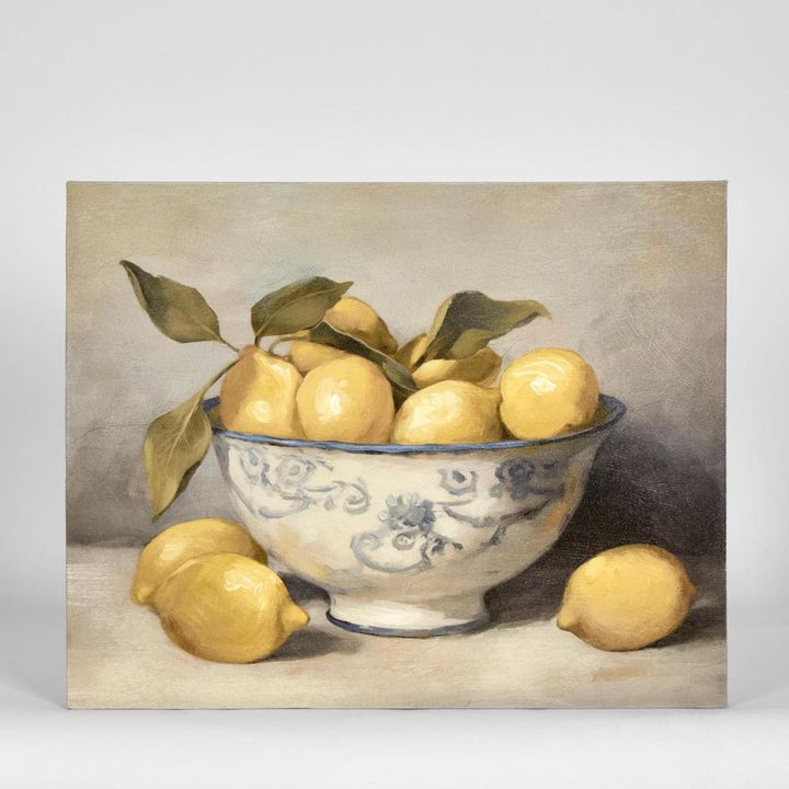 Lemons in Blue Bowl wall art featuring a vibrant still life of lemons in a blue bowl with expressive painterly detail, framed artwork 82.5 x 82.5 cm