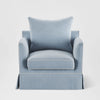 Upholstered Noosa Hamptons armchair with high-resilience foam seat, fibre overlay, and solid timber legs