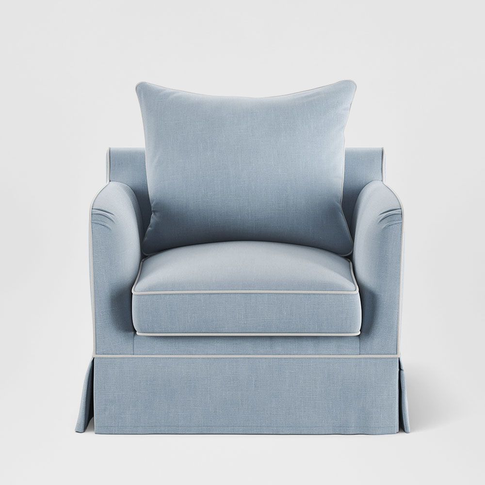 Upholstered Noosa Hamptons armchair with high-resilience foam seat, fibre overlay, and solid timber legs
