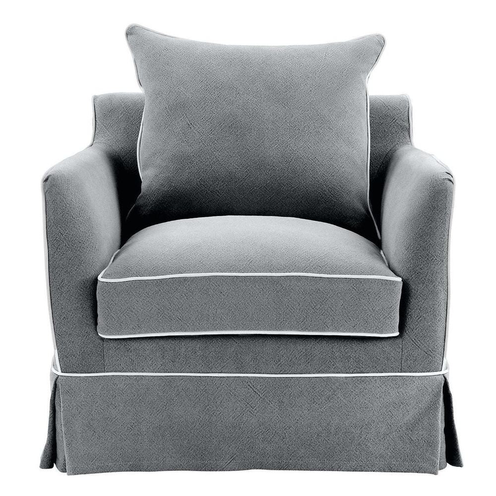 Noosa Hamptons slipcover armchair upholstered accent chair with piping detail, fibre-filled cushions, and removable fabric cover in coastal living room