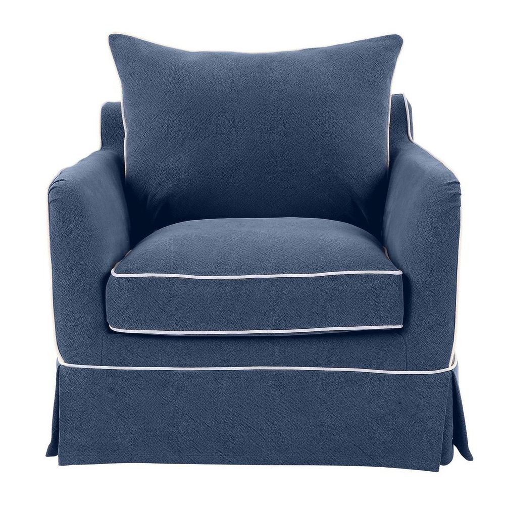 Noosa Hamptons slipcover armchair upholstered accent chair with piping detail, fibre-filled cushions, and removable fabric cover in coastal living room