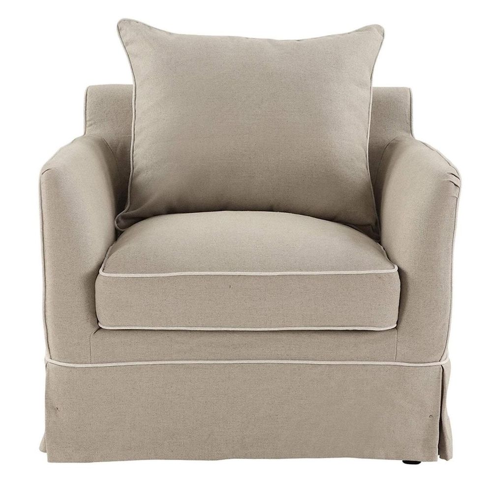 Noosa style Hamptons slipcover armchair featuring relaxed design, rolled arms, and plush cushions with removable washable cover