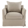 Noosa style Hamptons slipcover armchair featuring relaxed design, rolled arms, and plush cushions with removable washable cover