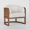 Weave teak armchair with handwoven detailing, solid teak frame, and outdoor cushions for indoor and outdoor use