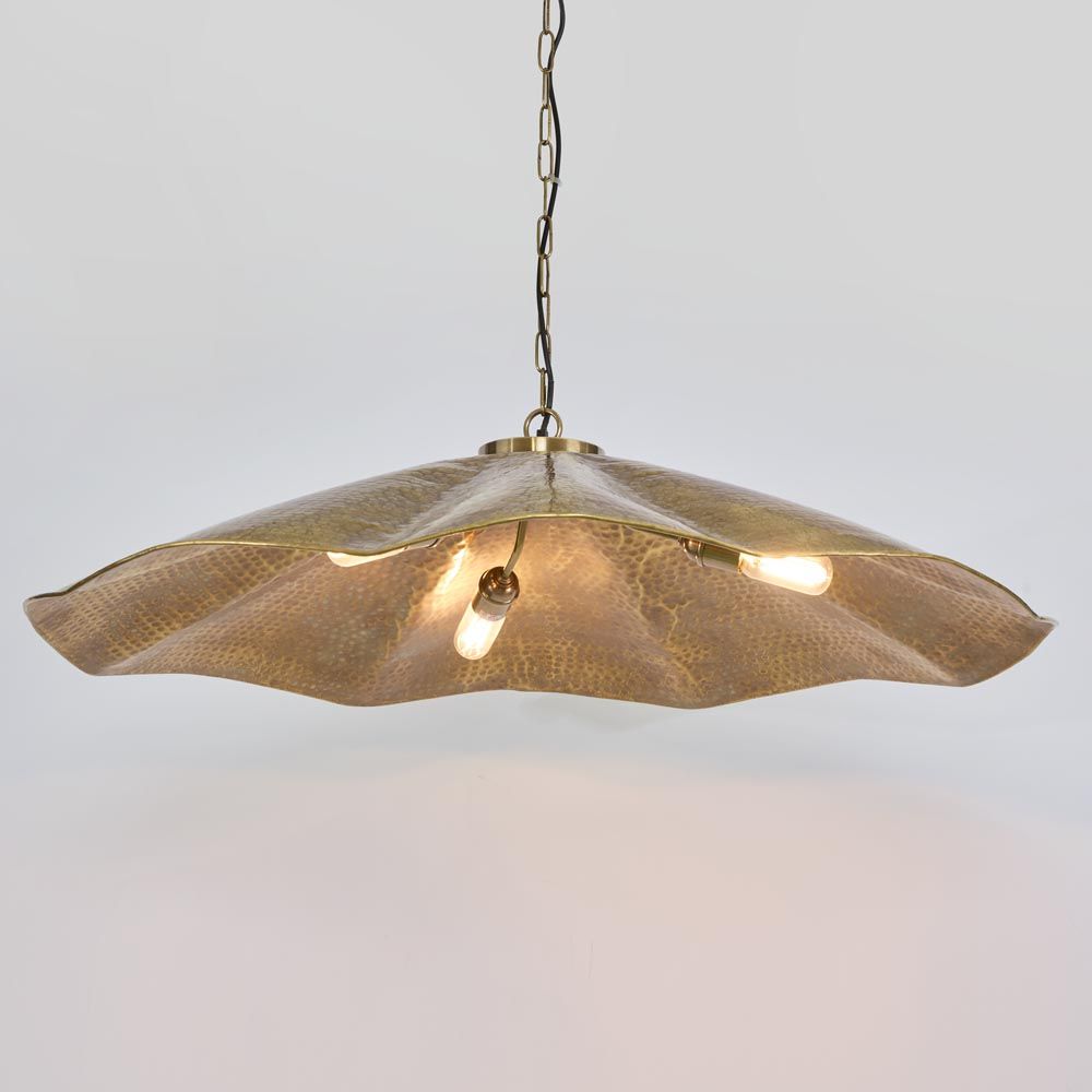Melville large ceiling pendant hammered antique brass, scalloped umbrella design statement light for dining rooms, kitchen islands, and commercial interiors by Florabelle