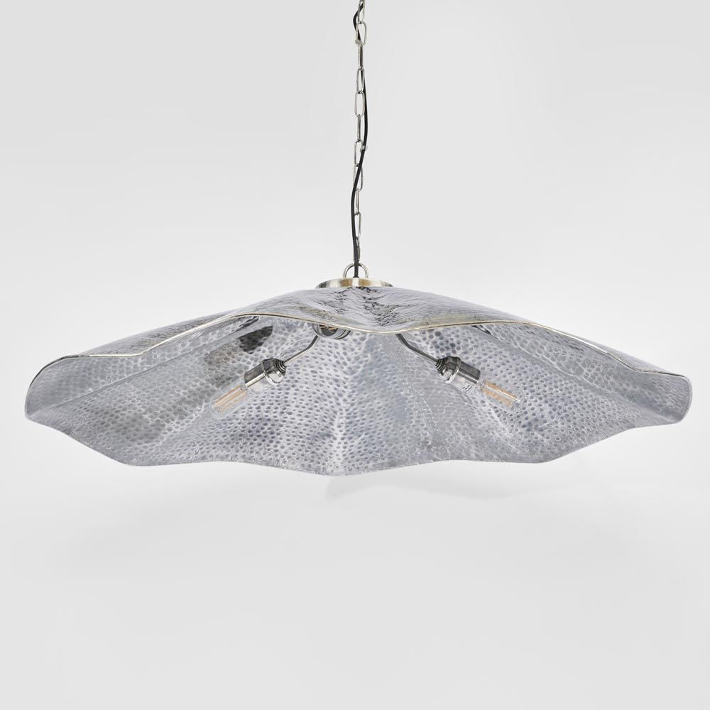 Melville large ceiling pendant hammered antique silver, scalloped umbrella design statement light for dining rooms, kitchen islands, and commercial interiors by Florabelle