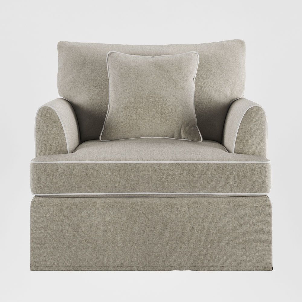 Upholstered Hamptons style armchair with removable slipcover fibre filled cushions and elegant piping living room furniture