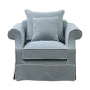 Elegant slipcover accent chair featuring fibre-filled cushions, durable frame, and hardwood legs in neutral fabric