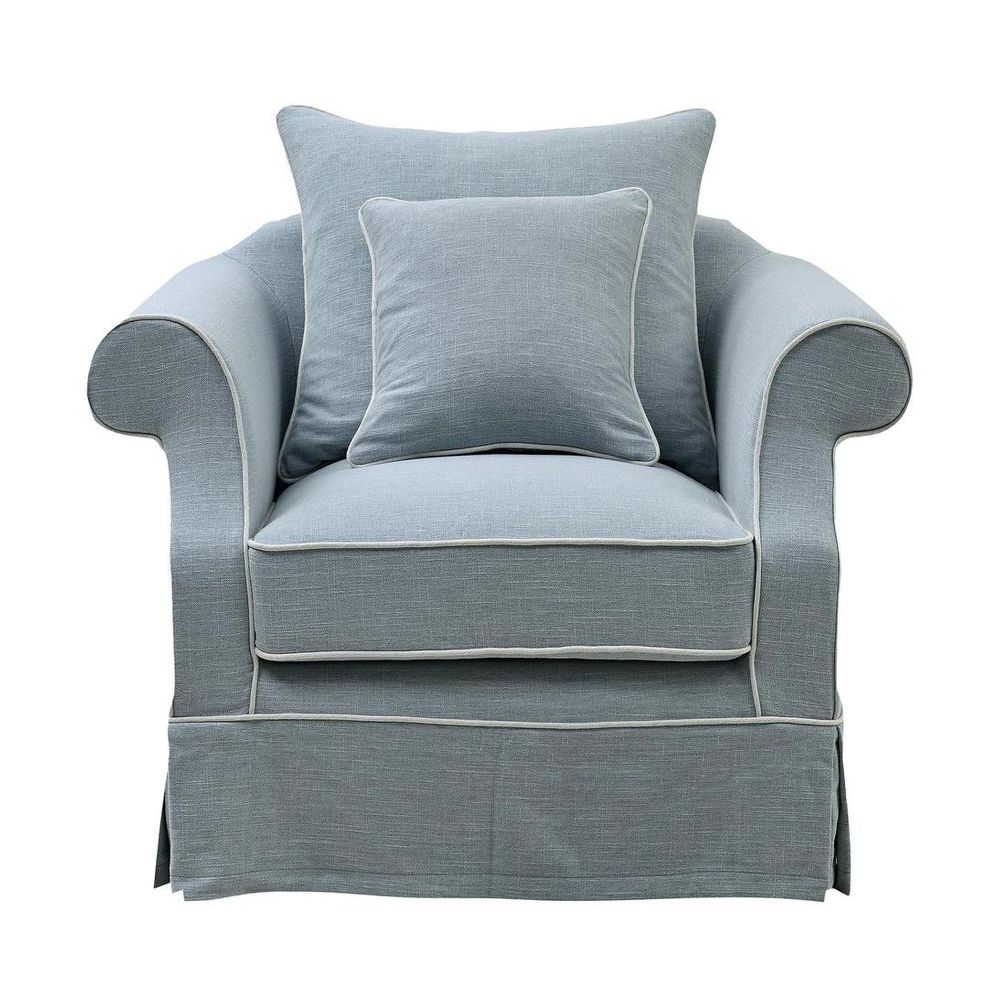 Elegant slipcover accent chair featuring fibre-filled cushions, durable frame, and hardwood legs in neutral fabric