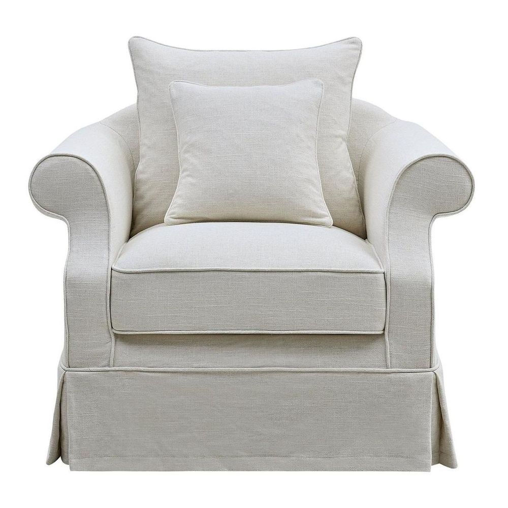Upholstered Hamptons armchair with rolled arms, fibre-filled cushions, and hardwood legs for living room seating