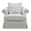 Upholstered Hamptons armchair with rolled arms, fibre-filled cushions, and hardwood legs for living room seating