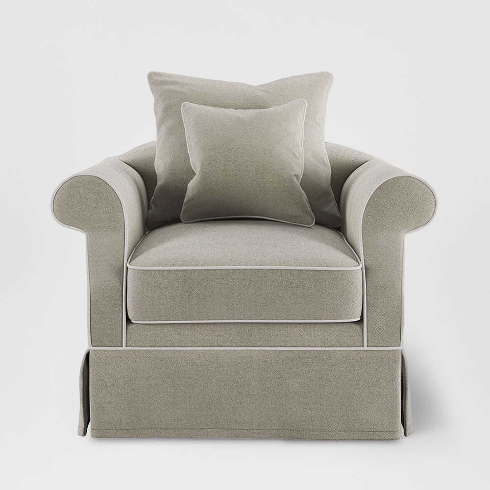 Hamptons style slipcover armchair upholstered rolled arms piping detail removable fabric cover living room accent chair solid timber frame hardwood legs