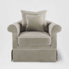 Hamptons style slipcover armchair upholstered rolled arms piping detail removable fabric cover living room accent chair solid timber frame hardwood legs