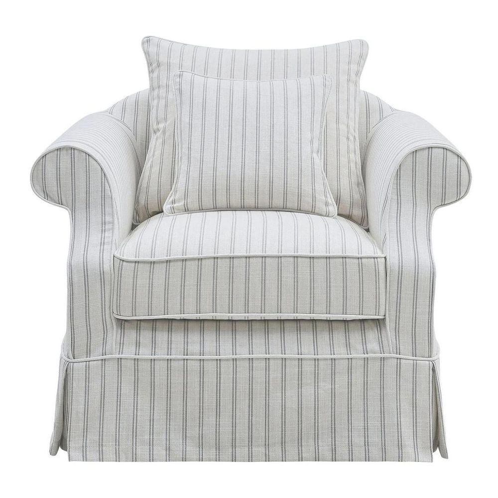 Elegant Hamptons style upholstered armchair with slipcover design, traditional detailing, and comfortable cushioned seating